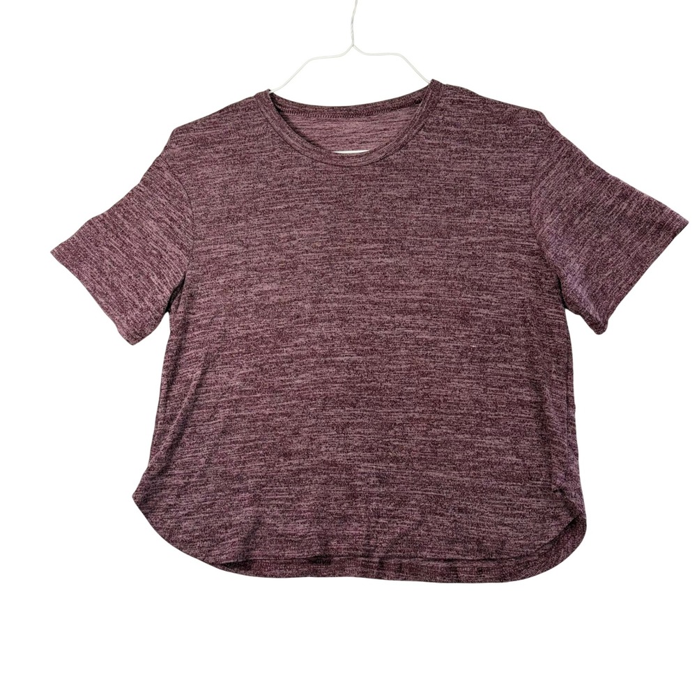 Women Space Dye Heather Burgundy Short Sleeve Curved Hem Top Size M